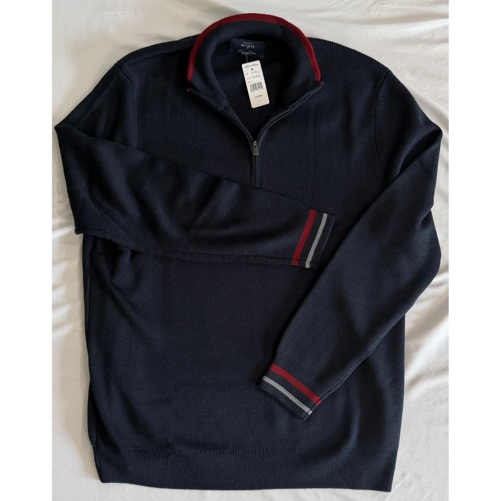 Brooks Brothers NetJets Mens XL Navy Merino Wool Blend Quarter Zip Sweater NWT